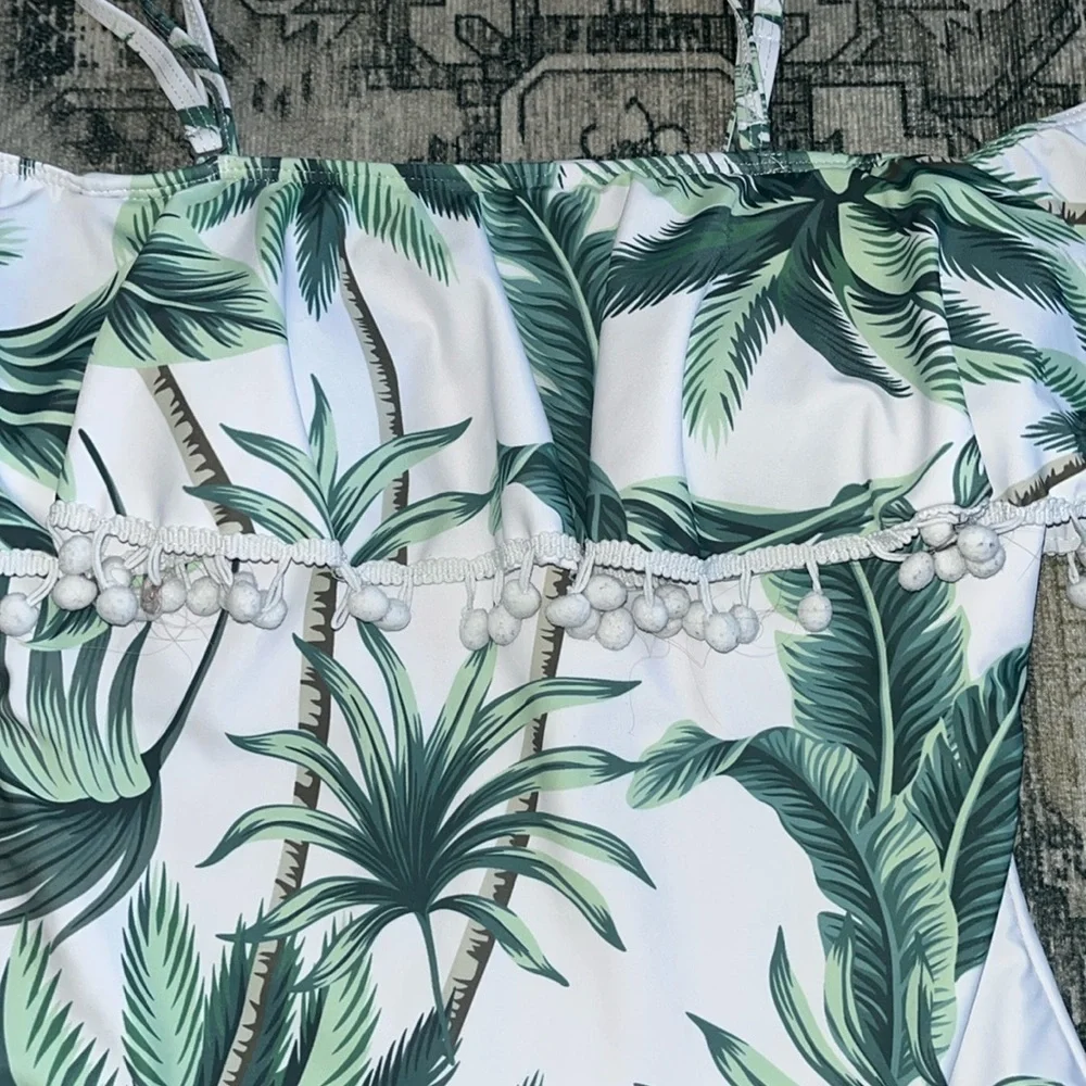 Shein Tropical Pom-Pom Trim Flounce One Piece Swimsuit size small